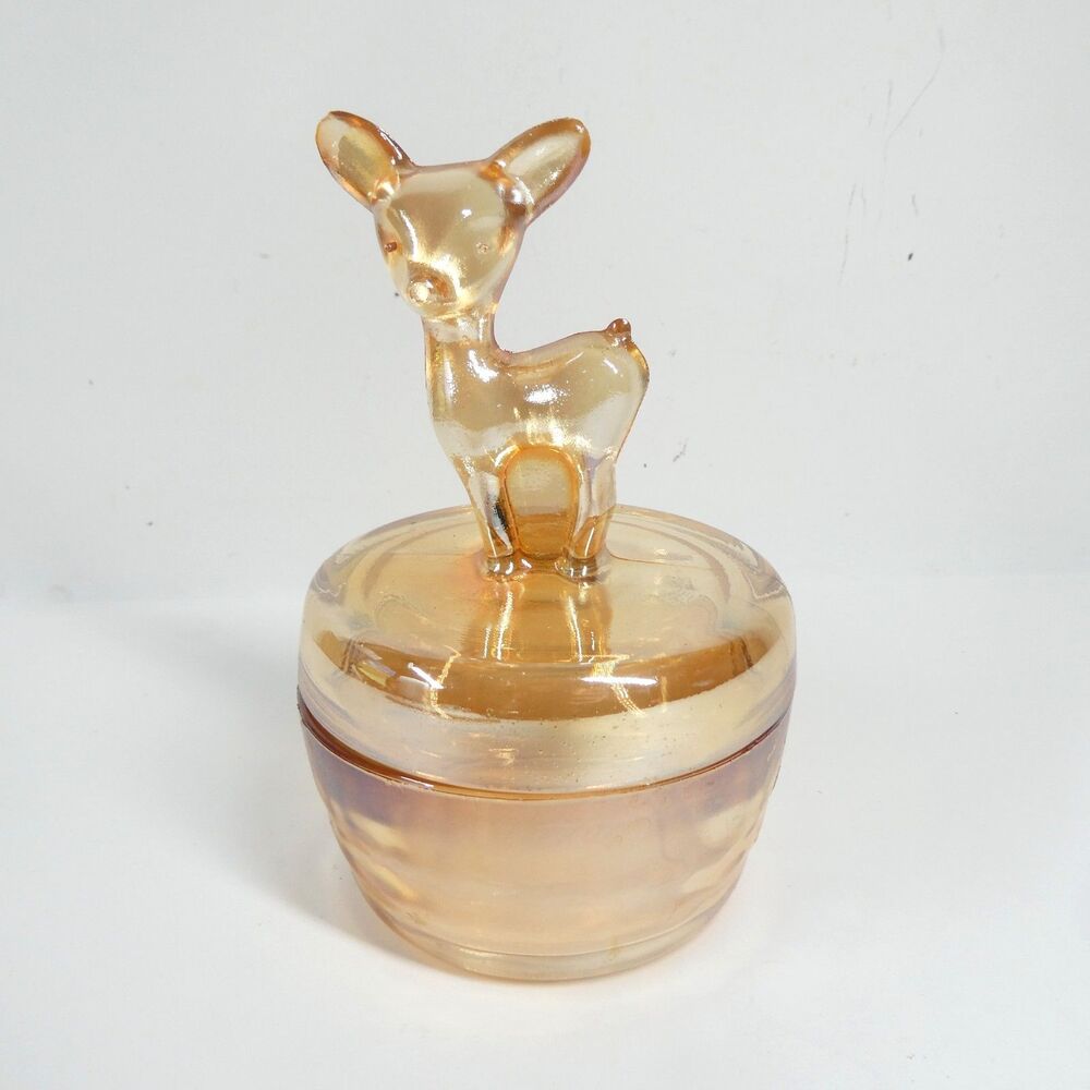 Jeannette Glass Deer Fawn Handle Jar Marigold Orange Carnival Vtg CHIPPED EAR